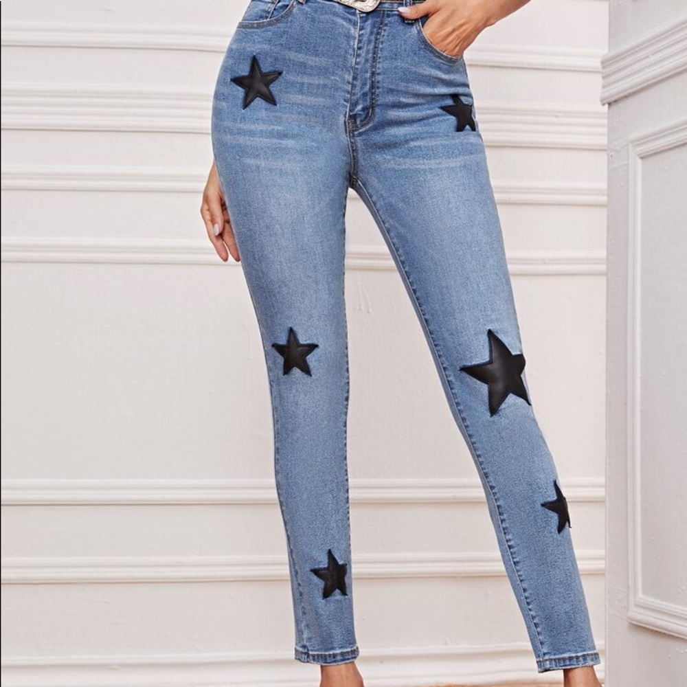 Denim Skinny Jeans with Black Leather Stars